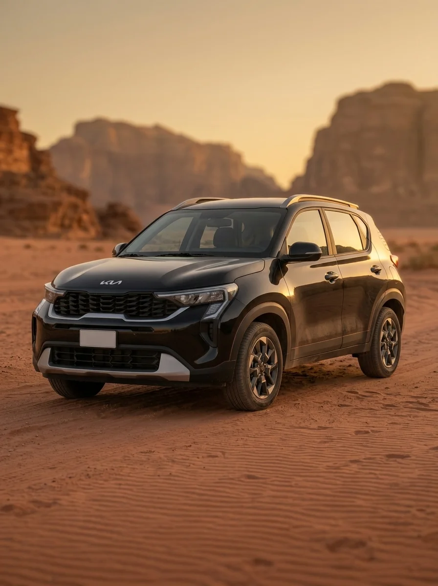 Kia Sonet parked on a Jordanian road, three-quarter front exterior view