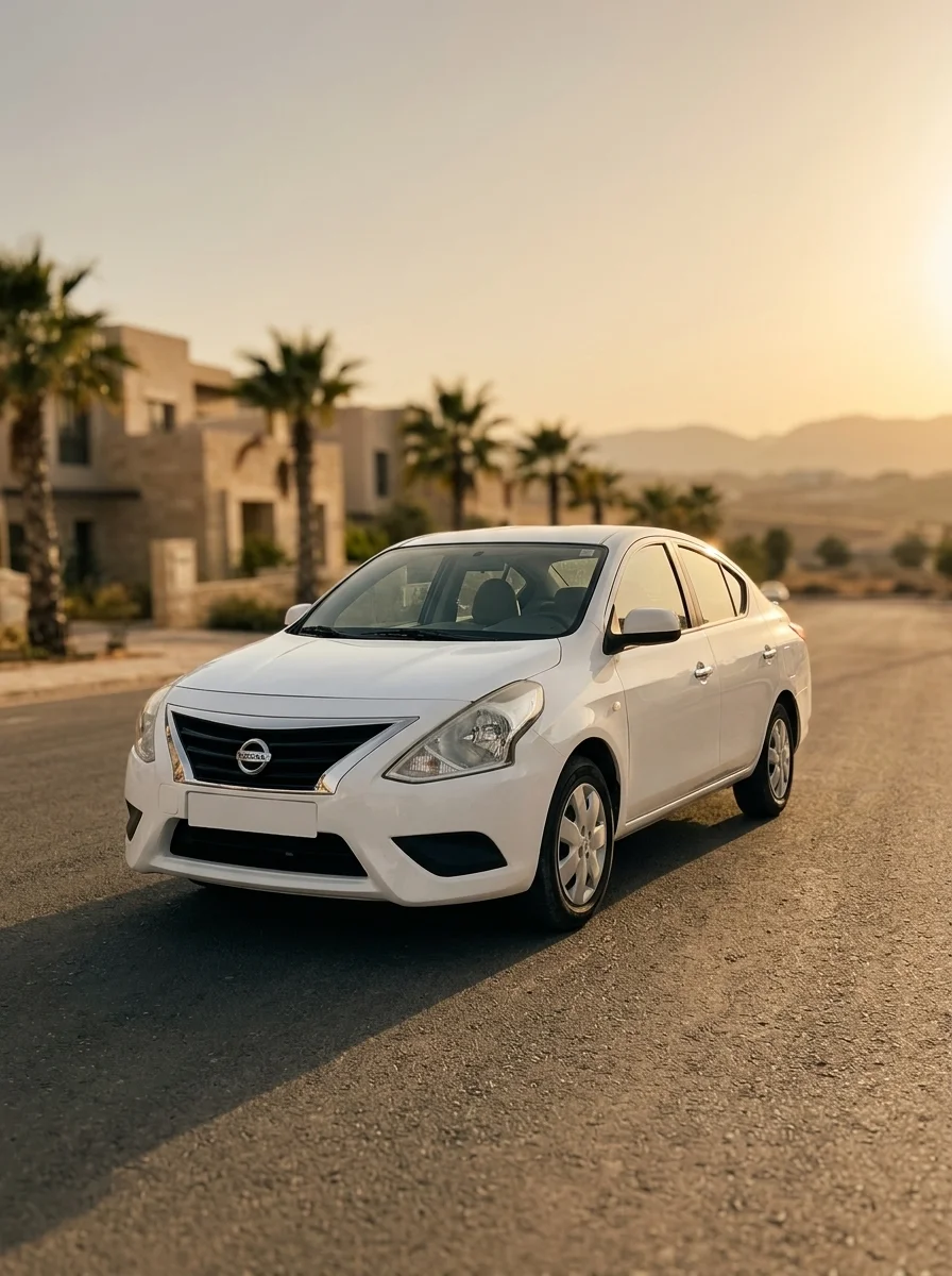 Nissan Sunny parked on a Jordanian road, three-quarter front exterior view